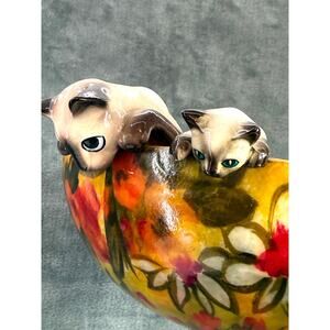 2 Vintage Ceramic Siamese Cat Hanging Fishbowl Figurines MCM Wall Shelf Decor